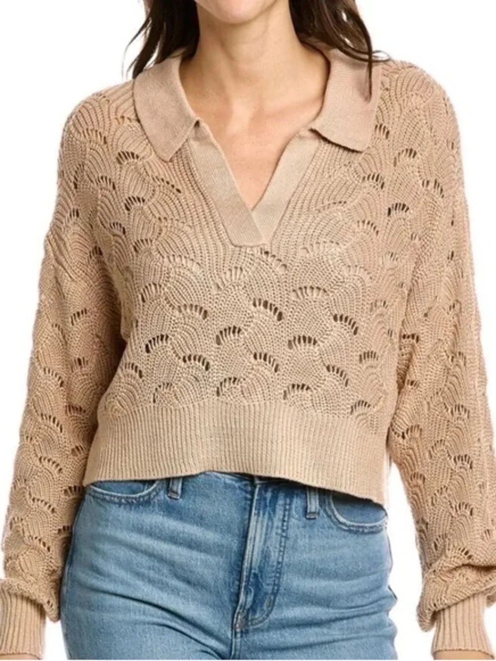 NWT 525 Tan Petal Stitch Cropped Pullover Knit Sweater Size M